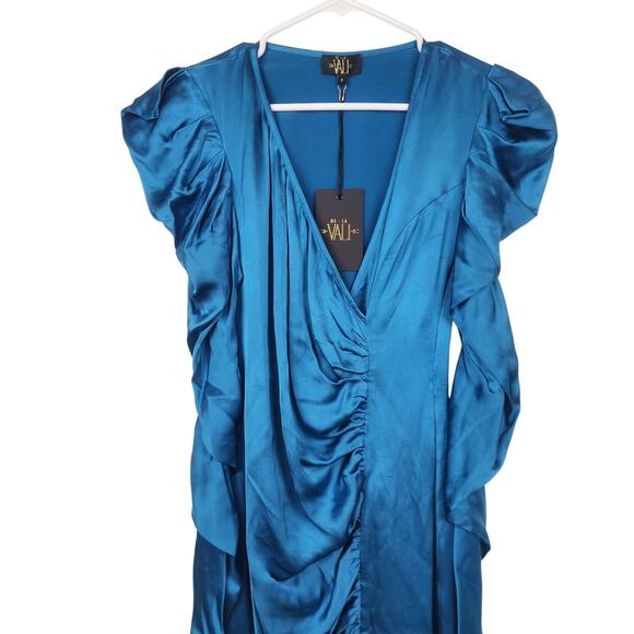 De La Vali Gin Ruched Maxi Dress in Blue Size UK 8 US 4 Long Sleeve Satin NWT - Picture 3 of 12